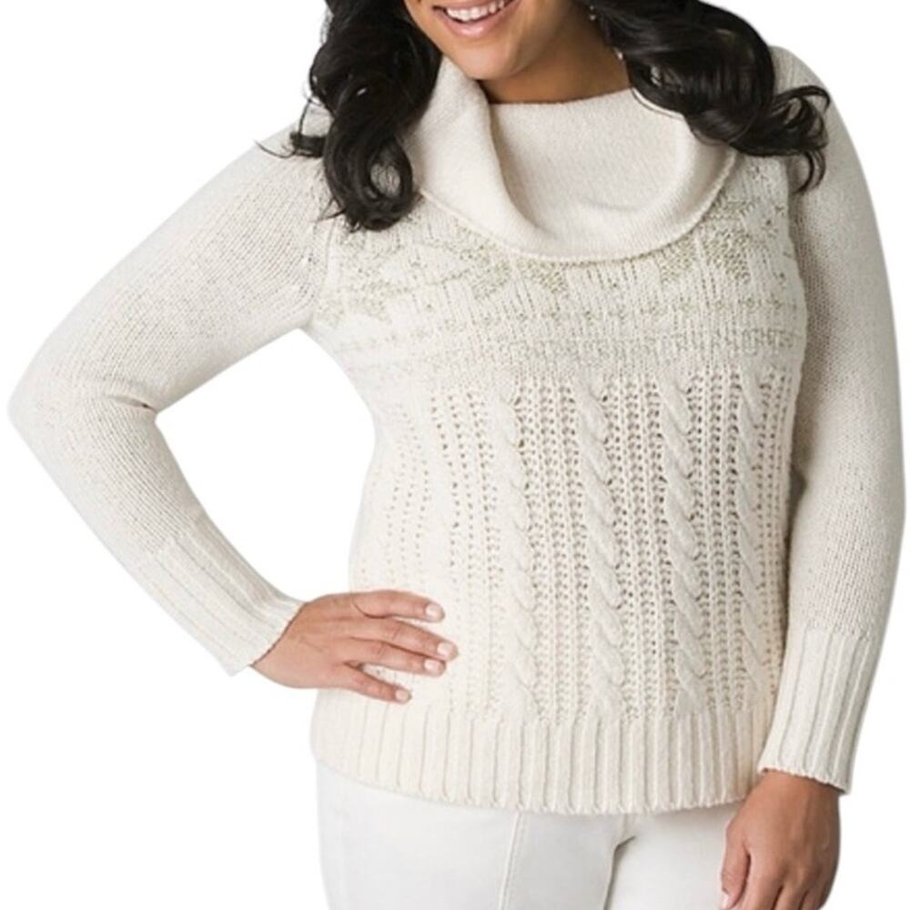 Lane Bryant Wool Blend Cowl Neck Cable Knit Sweater Metallic Snowflakes 18/20